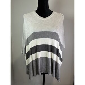 Sunday Womens XL Striped Popover Sweater Top Lightweight V-Neck Gray White Black